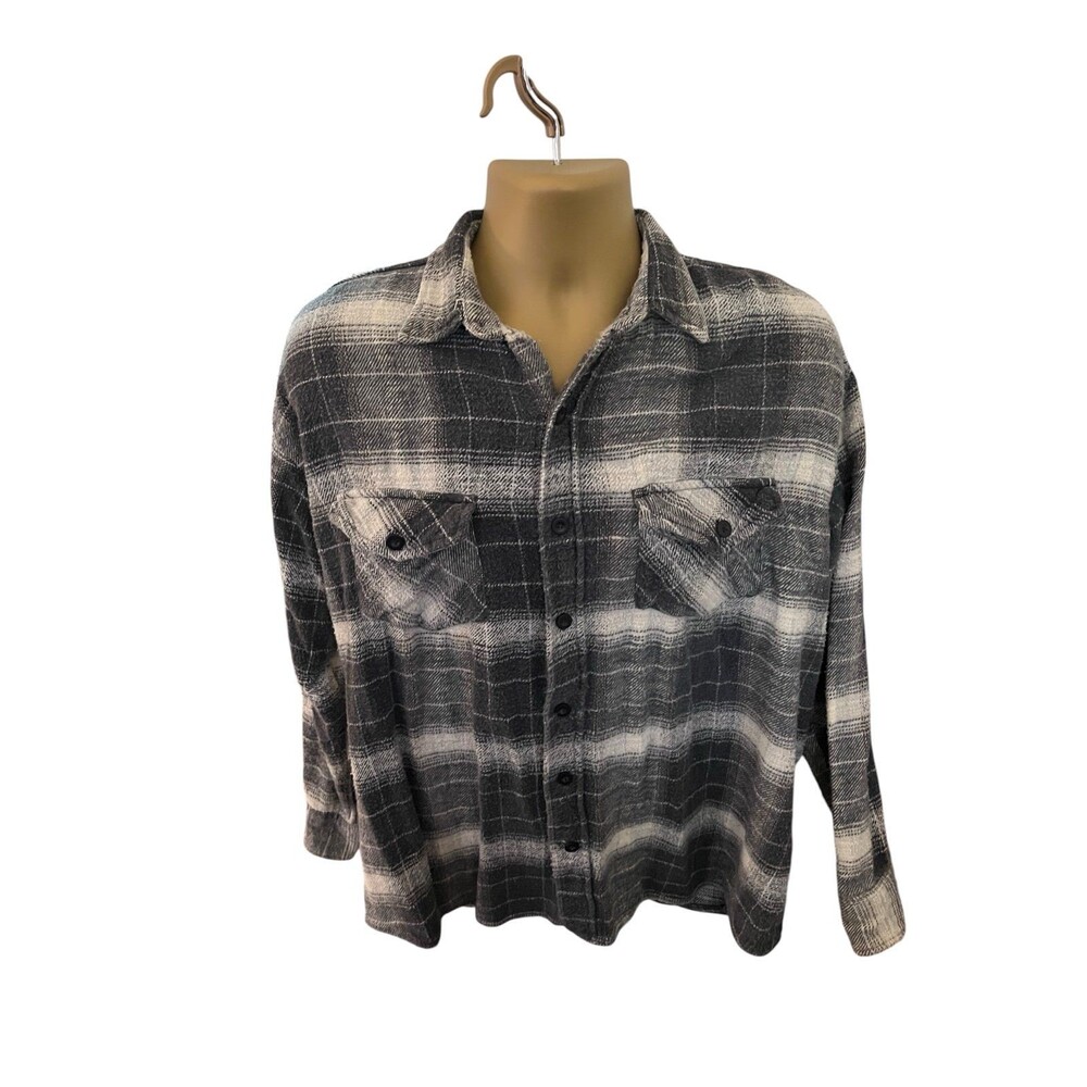 Vtg Y2K Ultimate Plaid Flannel Button Front Shirt Black White Gray L